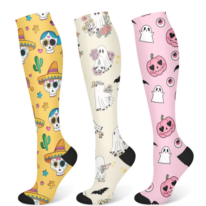 Halloween Ghost Floral Compression Socks(3 Pairs)