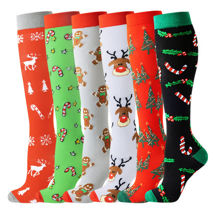 Christmas Reindeer Gingerbread Candy Cane Compression Socks(6 Pairs)
