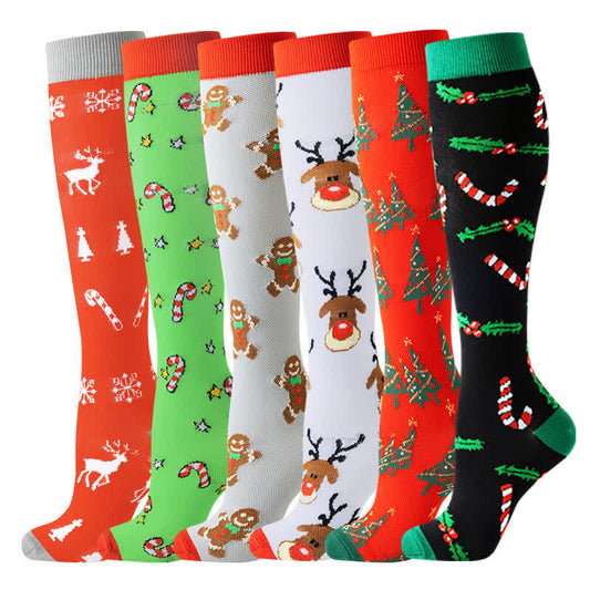 Christmas Reindeer Gingerbread Candy Cane Compression Socks(6 Pairs)