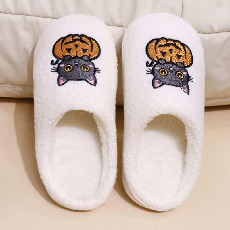 Plus Size Halloween Pumpkin Cat Print Slippers