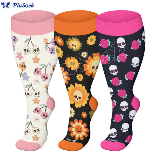 Plus Size Halloween Floral Skull  Series Compression Socks(3 Pairs)