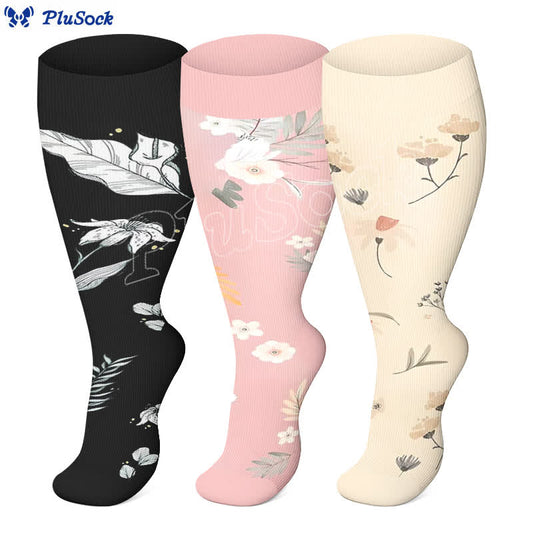 Plus Size Floral Leaf Series Compression Socks(3 Pairs)