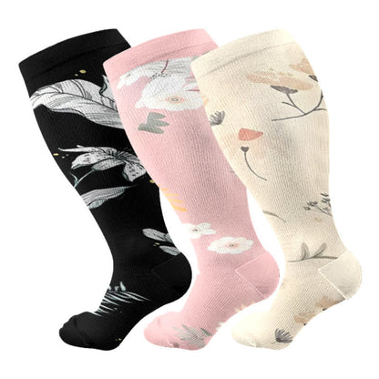 Plus Size Floral Leaf Series Compression Socks(3 Pairs)
