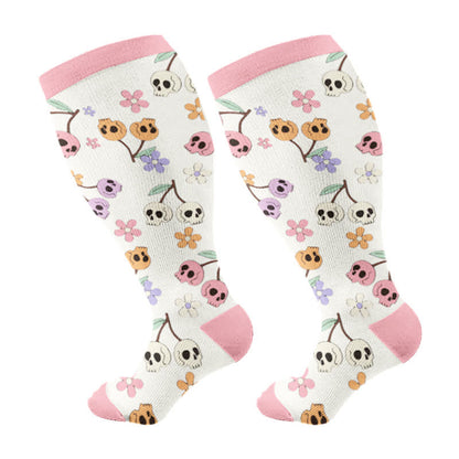 Plusock Plus Size Halloween Floral Skull  Series Compression Socks - Pink - 4XL - image 5