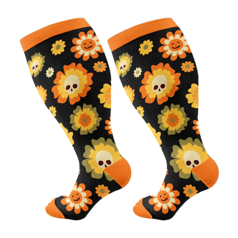 Plusock Plus Size Halloween Floral Skull  Series Compression Socks - Orange - 4XL - image 6
