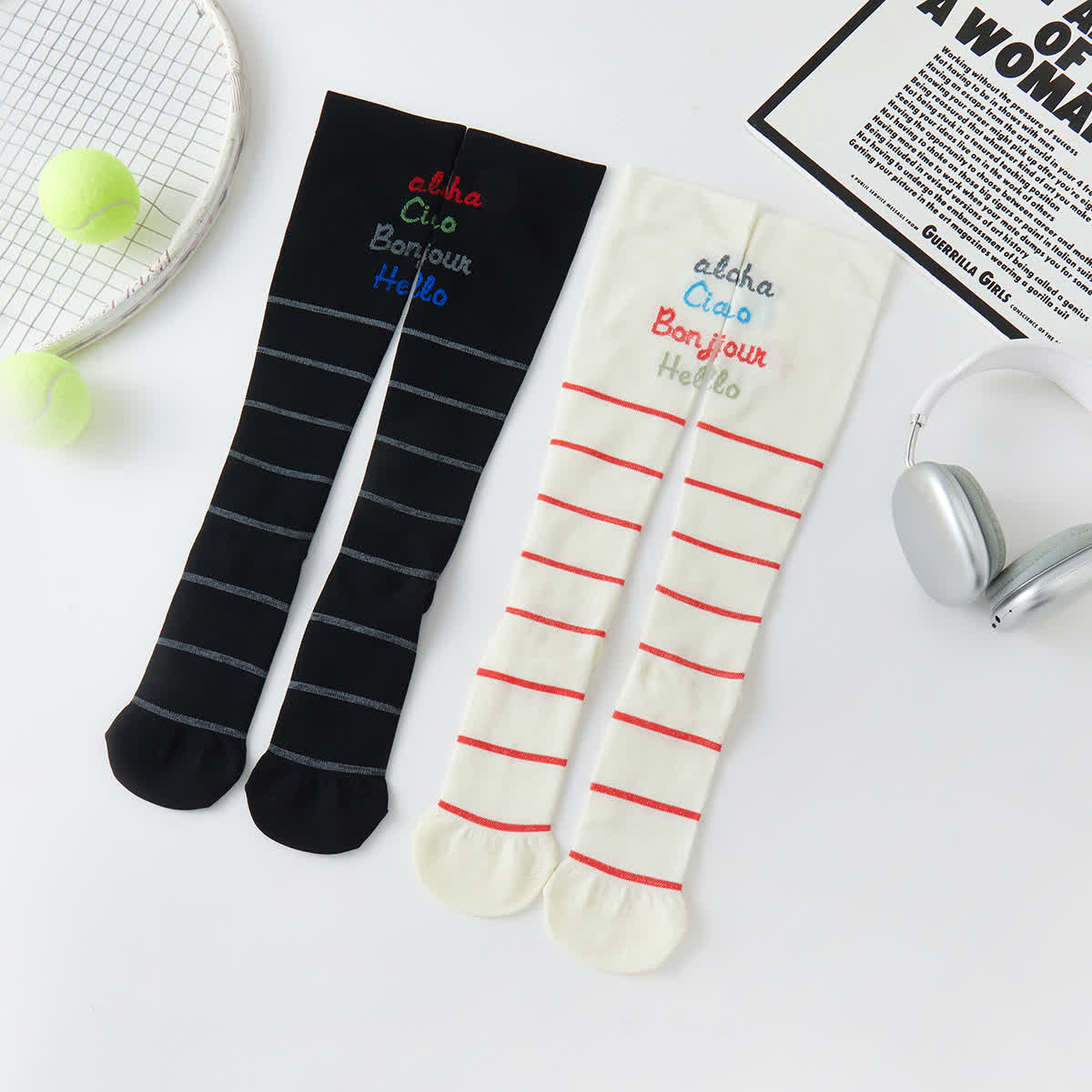 Letter Stripe Print Compression Knee High Socks(2 Pairs)