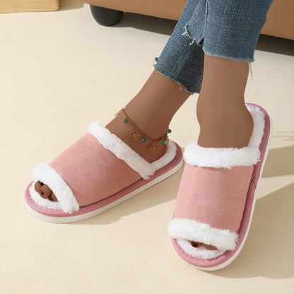 Suede Slippers with Fur Trim