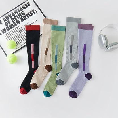 Plusock Simple Rectangular Colorblock Compression Knee High Socks(5 Pairs)