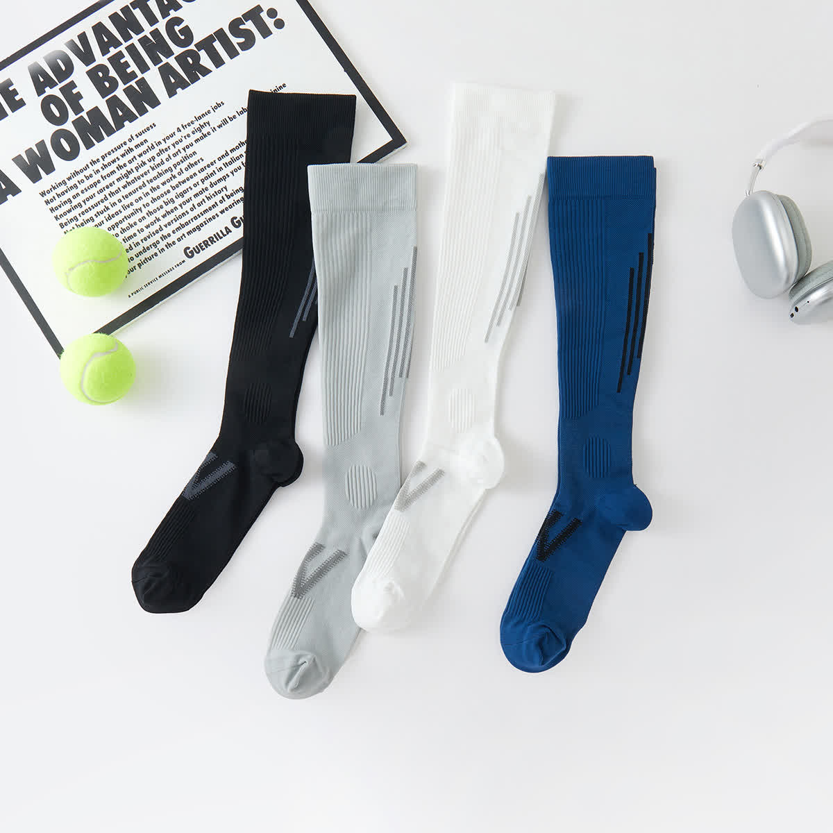 Plusock Striped Sports Compression Knee High Socks(4 Pairs)