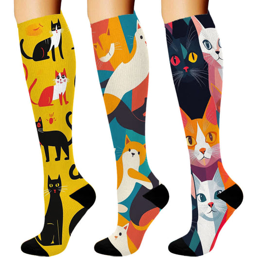 Artistic Cat Print Series Compression Socks(3 Pairs)