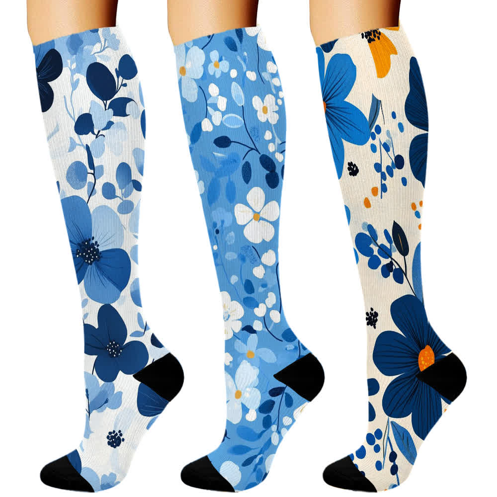 Blue Floral Series Knee High Compression Socks(3 Pairs) - Blue - S/M - image 1
