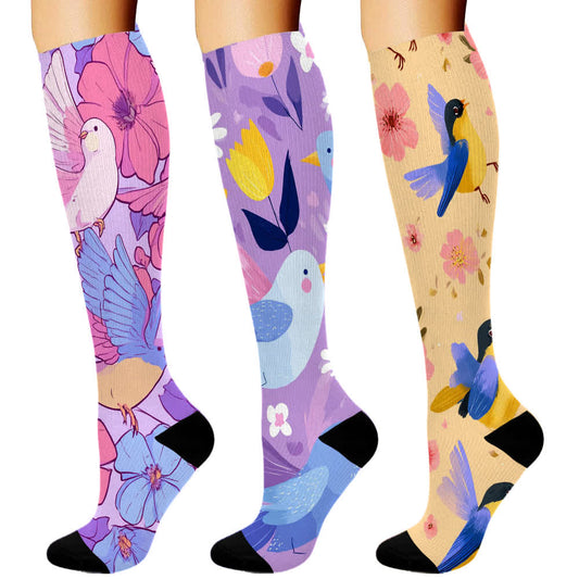 Bird Floral Series Knee High Compression Socks(3 Pairs) - Purple - S/M - image 1