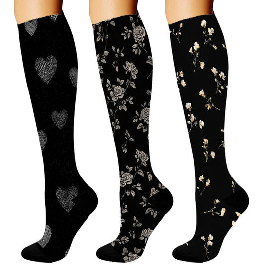 Peony Heart Series Knee High Compression Socks(3 Pairs) - Black - S/M - image 1