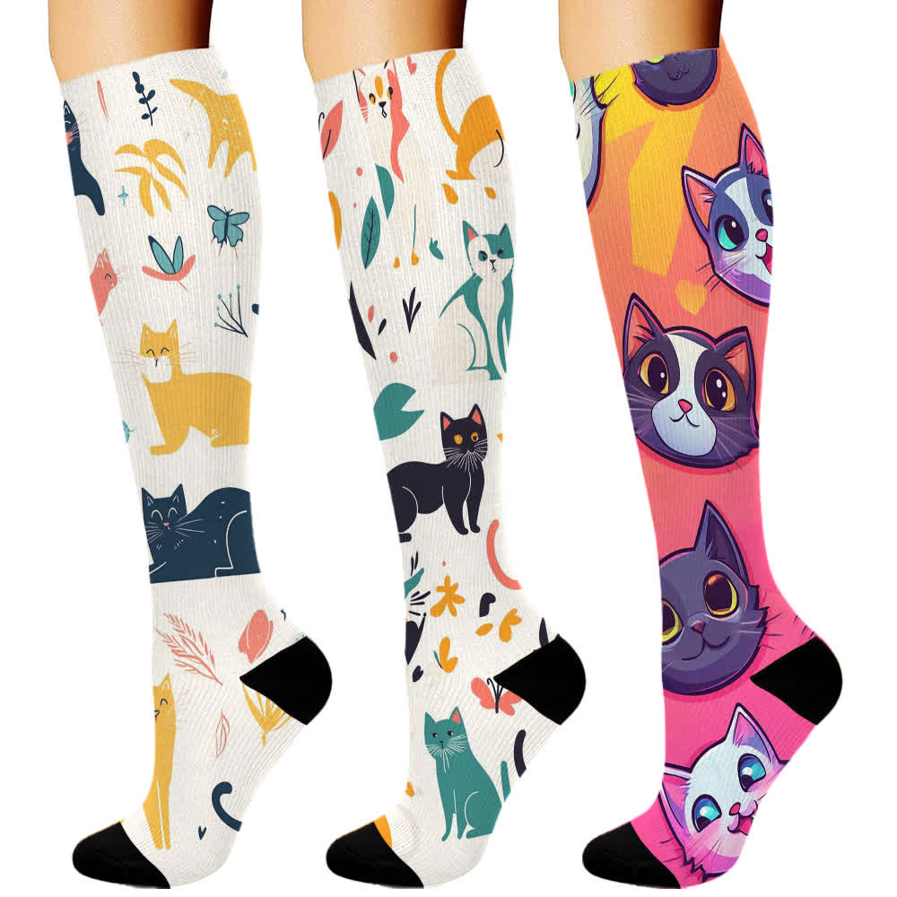 Fun cat Series Knee High Compression Socks(3 Pairs) - Pink - S/M - image 3