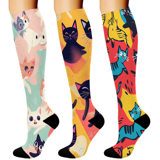 Fun cat Series Knee High Compression Socks(3 Pairs) - Red - S/M - image 1