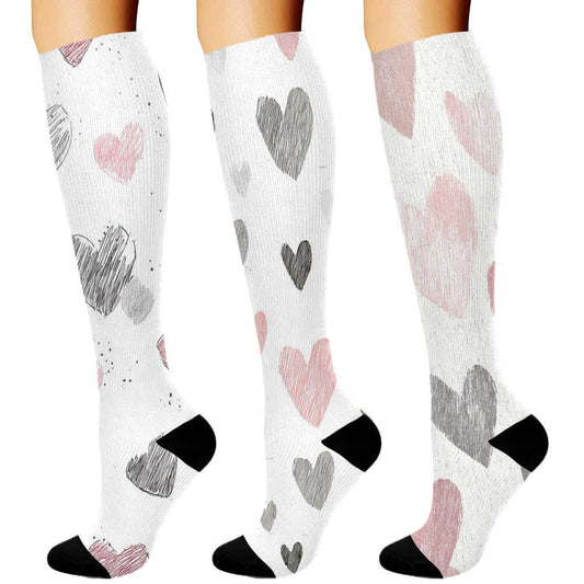 Heart Series Knee High Compression Socks(3 Pairs) - White - A - S/M - image 1