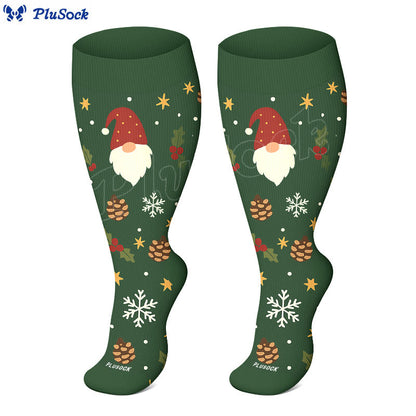 Plusock Plus Size Christmas Gnomes Birds Compression Socks - image 1