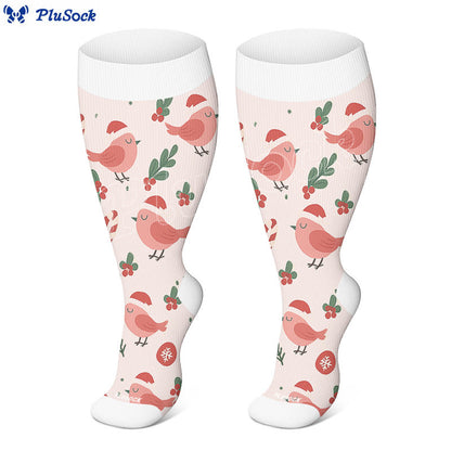 Plusock Plus Size Christmas Gnomes Birds Compression Socks - image 2