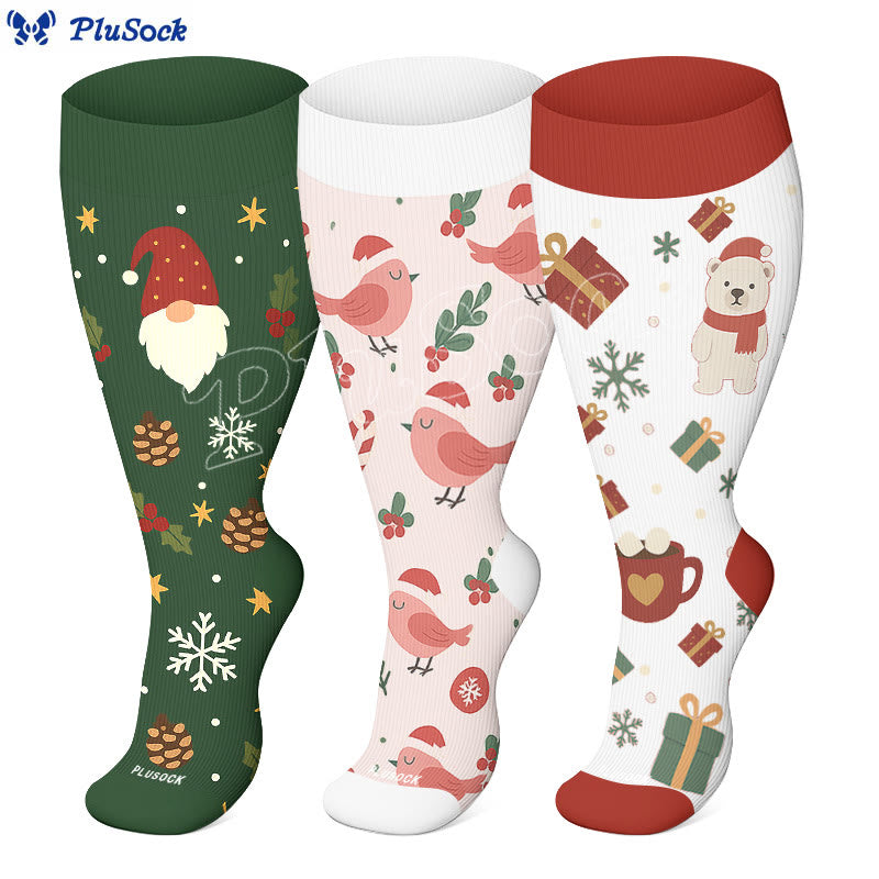 Plusock Plus Size Christmas Gnomes Birds Compression Socks(3 Pairs) - image 0