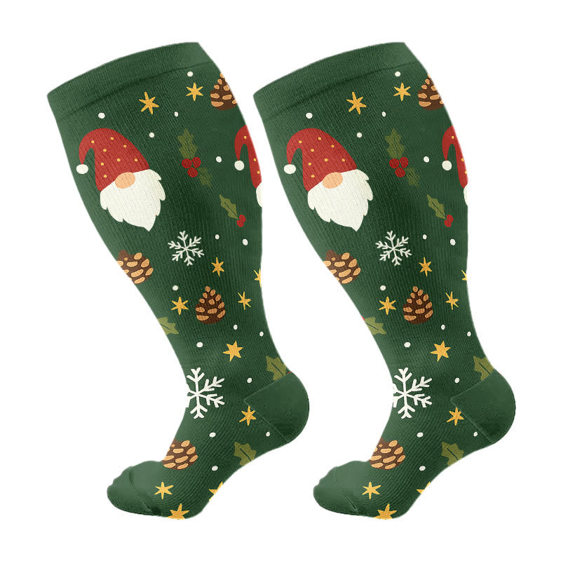 Plusock Plus Size Christmas Gnomes Birds Compression Socks - Green - 4XL - image 6