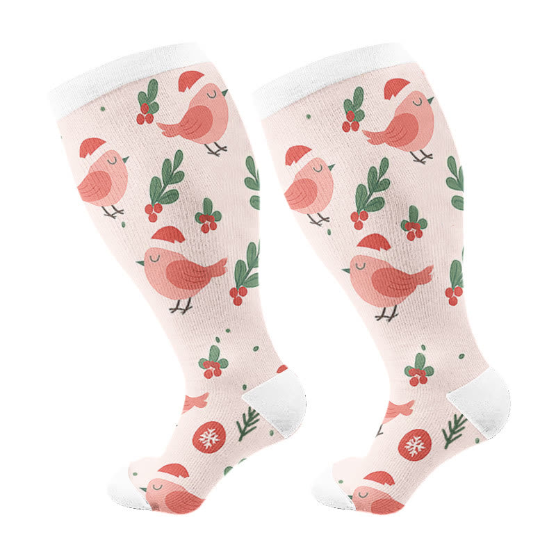 Plusock Plus Size Christmas Gnomes Birds Compression Socks - Pink - 4XL - image 5