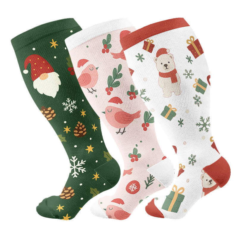 Plusock Plus Size Christmas Gnomes Birds Compression Socks(3 Pairs) - Multicolor - 4XL - image 7
