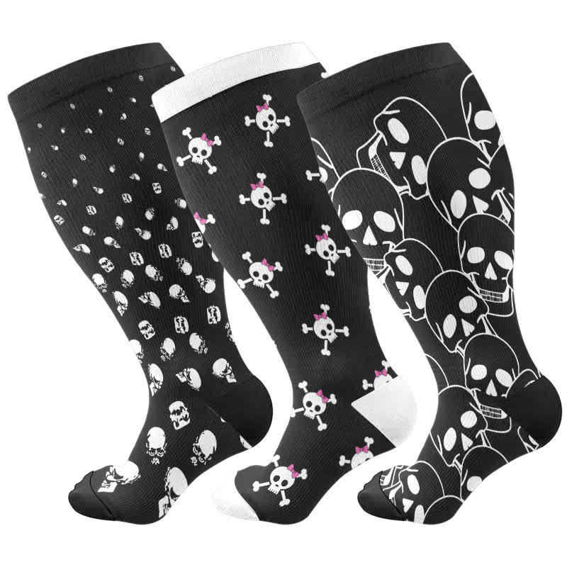Plus Size Halloween Fun Skull Print Compression Socks(3 Pairs) - Multicolor - 4XL - image 5