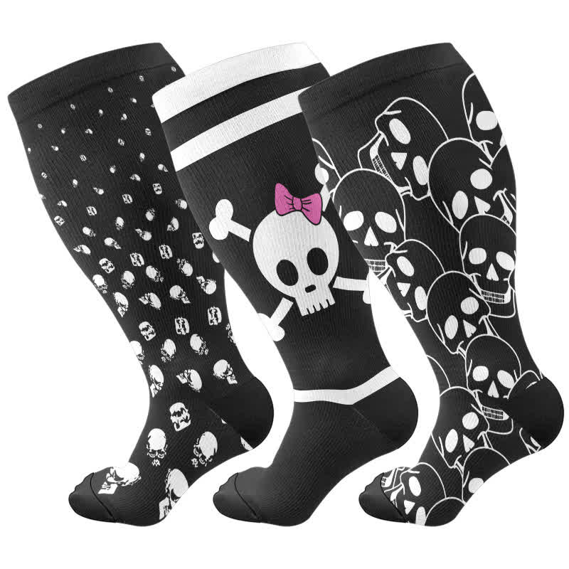 Plus Size Halloween Large Skull Print Compression Socks(3 Pairs) - Multicolor - 4XL - image 5