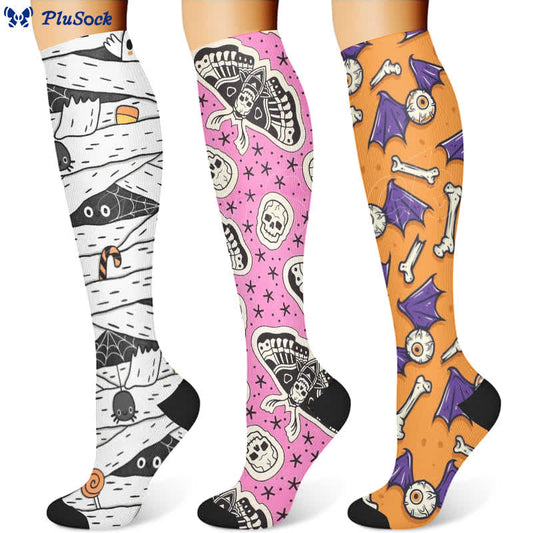 Halloween Spooky Cartoon Print Compression Socks(3 Pairs) - image 1
