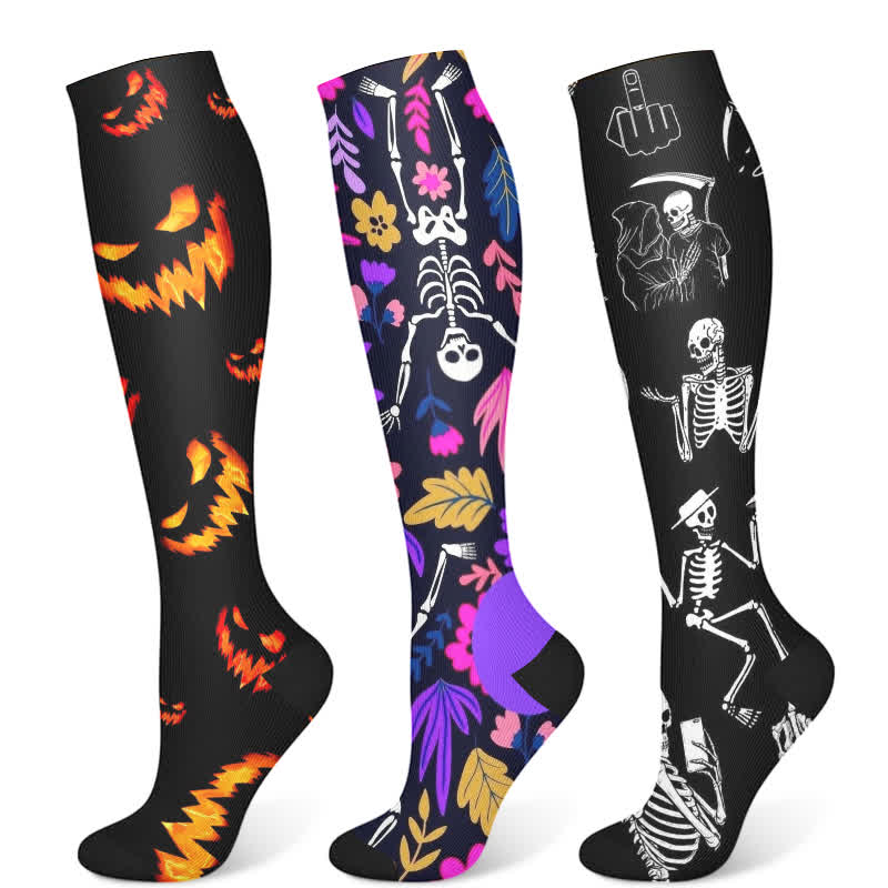 Halloween Skull-inspired Print Compression Socks(3 Pairs) - Multicolor - S/M - image 5