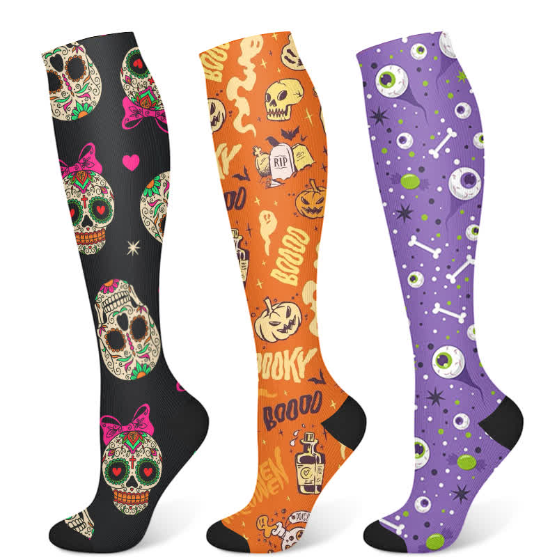 Halloween Creative Skull Print Compression Socks(3 Pairs) - Multicolor - S/M - image 5
