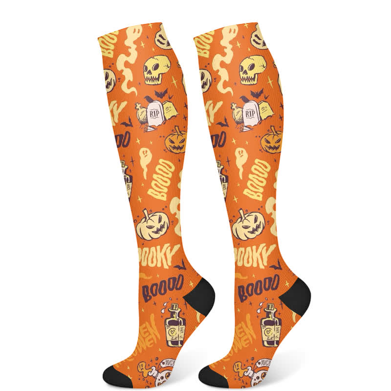 Halloween Creative Skull Print Compression Socks(3 Pairs) - Orange(1 Pair) - S/M - image 7