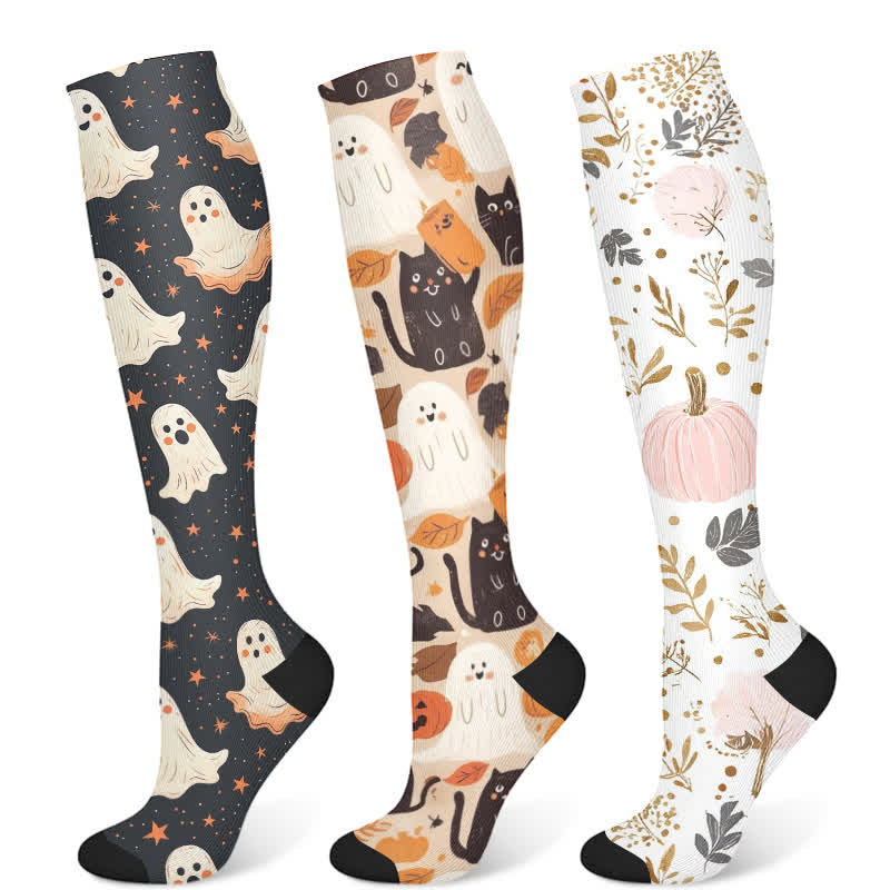 Halloween Cute Ghost Cat Print Compression Socks(3 Pairs) - Multicolor - S/M - image 5