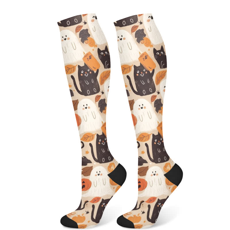 Halloween Cute Ghost Cat Print Compression Socks(3 Pairs) - Beige(1 Pair) - S/M - image 7