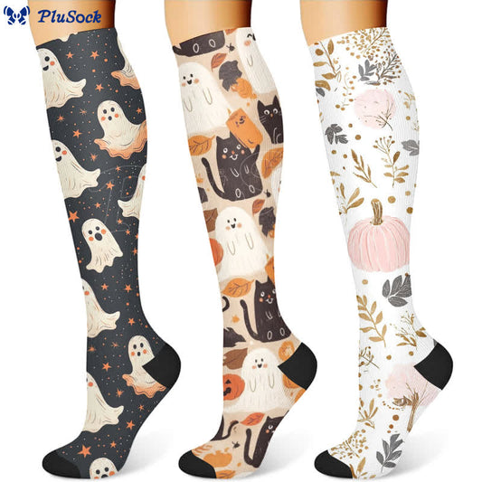 Halloween Cute Ghost Cat Print Compression Socks(3 Pairs) - image 1