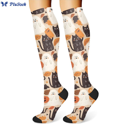 Halloween Cute Ghost Cat Print Compression Socks(3 Pairs) - image 3