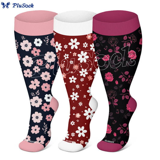 Plus Size Pink Purple Flowers Print Compression Socks(3 Pairs) - image 1