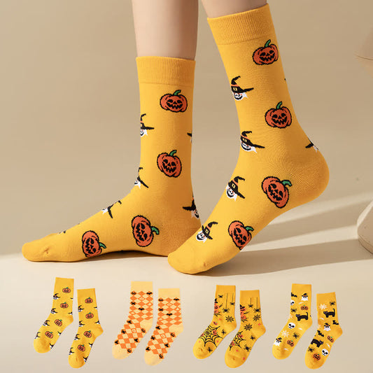 Plus Size Halloween Yellow Pumpkin Quarter Socks(4 Pairs) - image 1
