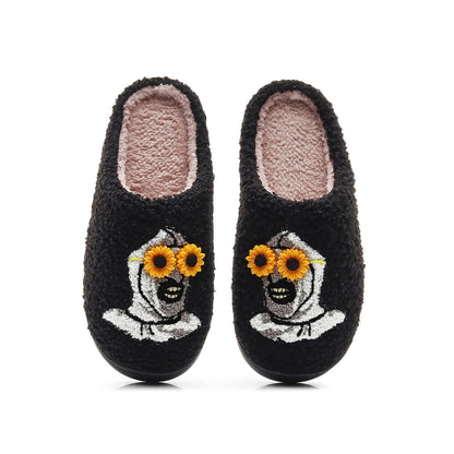 Halloween Skull Slippers with Flower Glasses - Black - Yellow - EU44-45(US10-11) - image 3