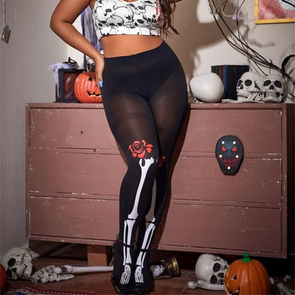 Halloween Skull Rose Print Pantyhose - image 3