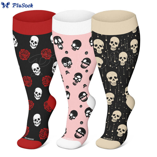 Plus Size Halloween Flower Skull Series Compression Socks(3 Pairs) - image 1