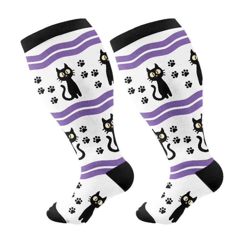 Plus Size Halloween Cute Bat Cat Print Compression Socks(3 Pairs) - White(1 Pair) - 4XL - image 7