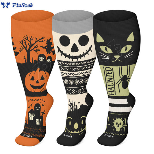 Plus Size Halloween Cat Spider Compression Socks(3 Pairs) - image 1