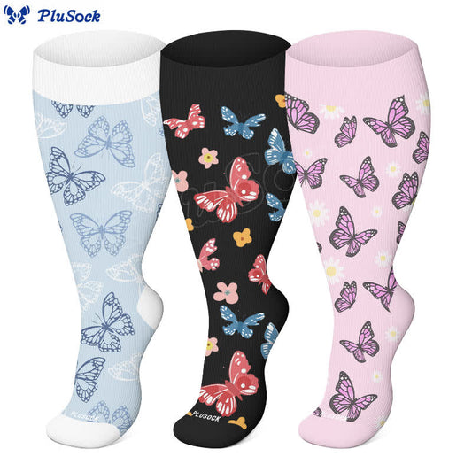 Plus Size Butterfly Flower Series Compression Socks(3 Pairs) - image 1