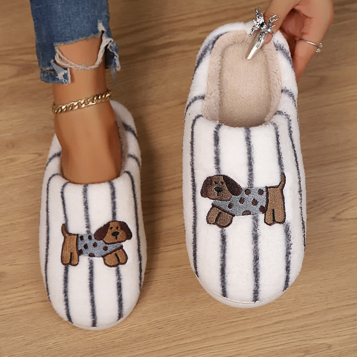 Striped Dog Print Slippers - Grey - EU40-41(US7-7.5) - image 8