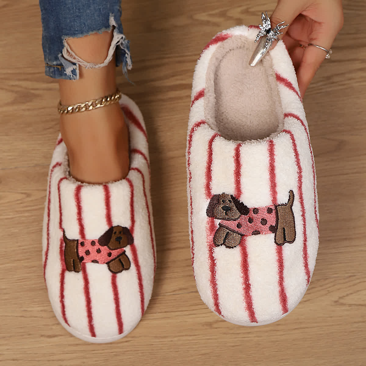 Striped Dog Print Slippers - Red - EU40-41(US7-7.5) - image 13