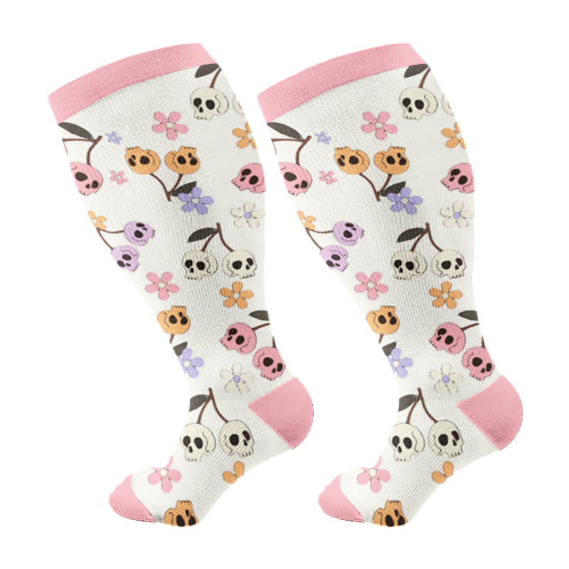 Plusock Plus Size Halloween Floral Skull  Series Compression Socks - Pink - 4XL - image 13
