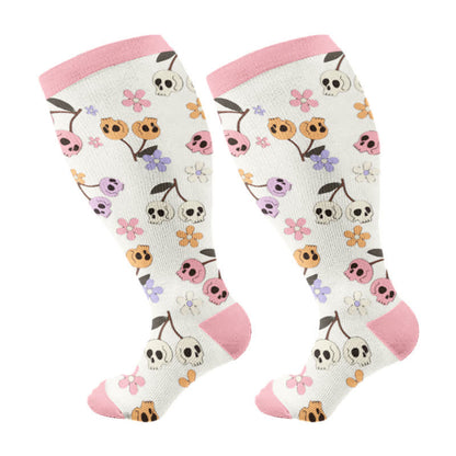 Plusock Plus Size Halloween Floral Skull  Series Compression Socks - Pink - 4XL - image 13