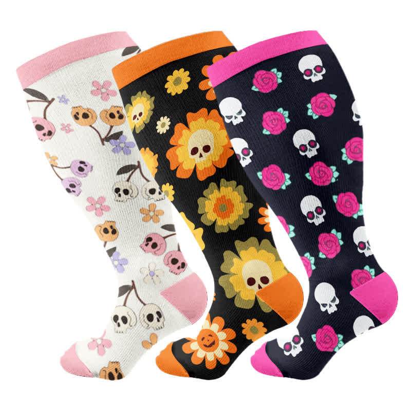 Plusock Plus Size Halloween Floral Skull  Series Compression Socks(3 Pairs) - Multicolor - 4XL - image 8
