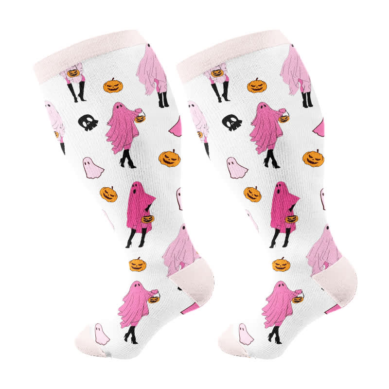 Plus Size Halloween Fantasy Ghost Print Compression Socks(3 Pairs) - White(1 Pair) - 4XL - image 7